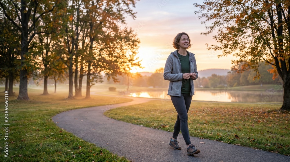 Obraz premium Woman walking on a path in a park during a misty autumn sunrise with colorful trees and a lake