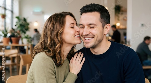 Close up of a young woman affectionately kissing a smiling man on the cheek. Happy couple sharing a tender romantic moment indoors