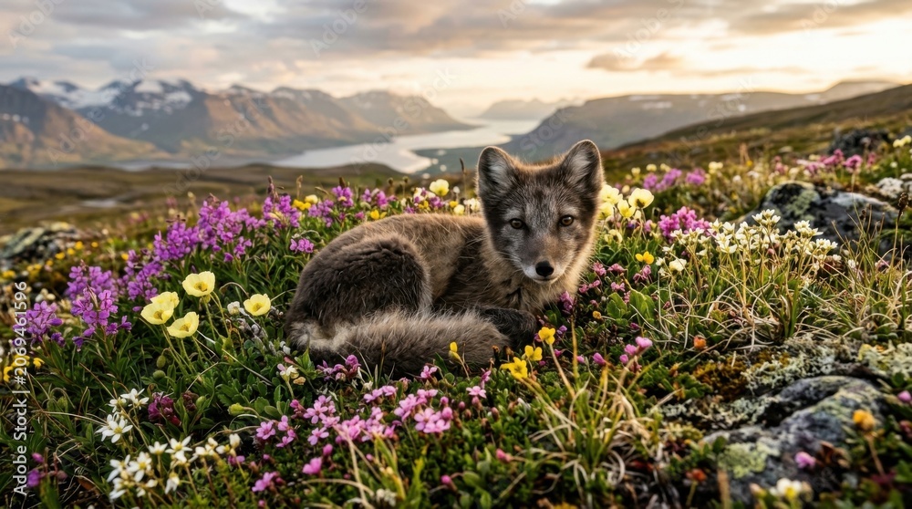 Obraz premium Arctic Fox Resting Amidst Wildflowers with Mountainous Landscape Background.