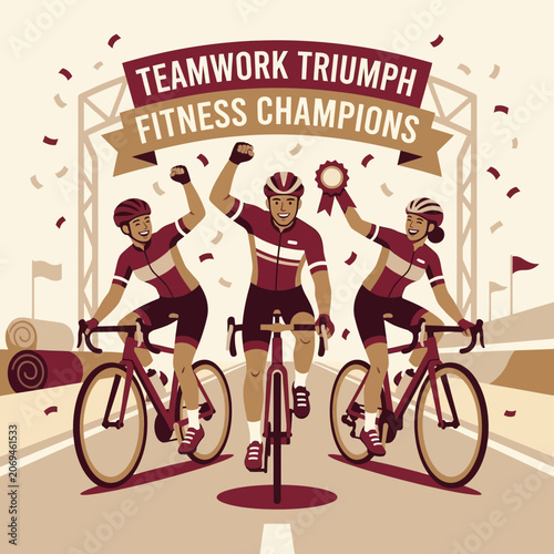 Teamwork Triumph Fitness Champions Celebrating Victory On Their Bicycles