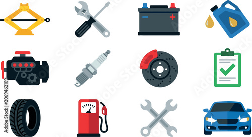 Car repair and auto mechanic flat icon set featuring vehicle jack battery engine spark plug tire and wrench