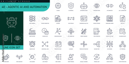 Agentic AI and Automated Workflow Operations Line Icons Set for Next-Gen Technology and Software Dashboard Vector Illustration