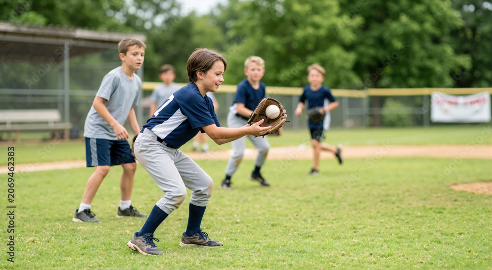 Fototapeta premium Young boy catching a baseball in his glove on a grassy field. Kids playing defense at summer sports camp