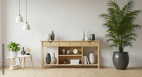 Modern living room with wooden shelves and plants