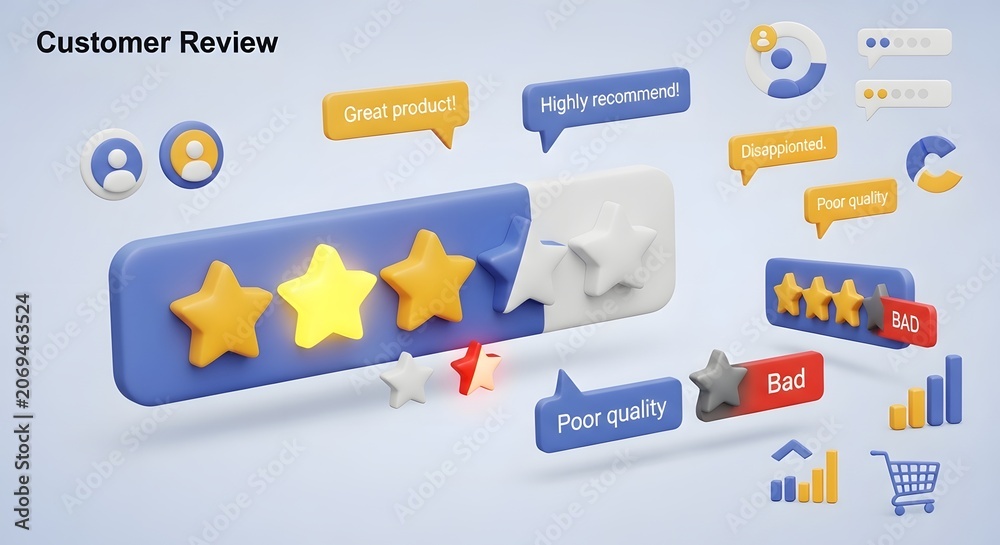 Obraz premium Stars representing a customer review rating float alongside speech bubbles containing feedback text on a light blue background.