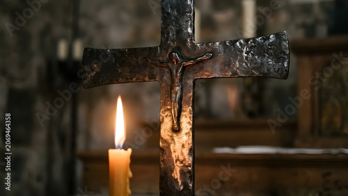 불붙은 촛불과십자가에 걸린 예수님 오브제 the lit candle and the object of Jesus caught in the cross