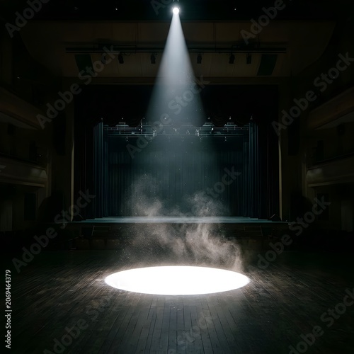 어두운 무대 가운데 하얀 스포트라이트,사람없음White spotlight in the middle of the dark stage, no one
