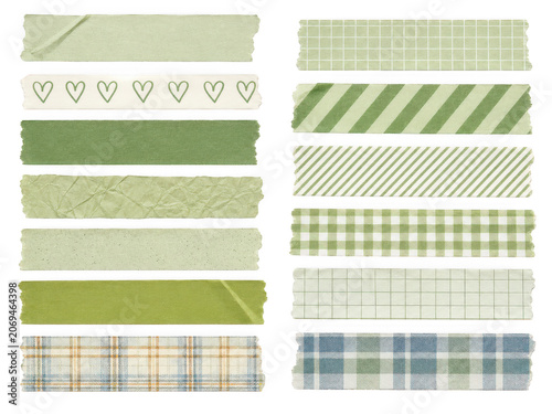 Collection of green decorative washi tape strips with various patterns, perfect for crafting and journaling.