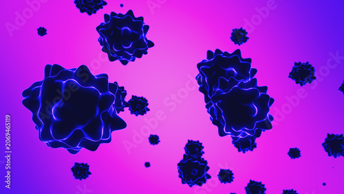 Glowing animated microorganisms float in an abstract space, reminiscent of viral particles or cells under a microscope. The animation conveys a sense of the microcosm and modern medical technologies.