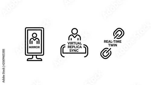 Set of digital twin and virtualization icons showing person on screen virtual replica synchronization real time chain link connection technology connection simulation modeling identity