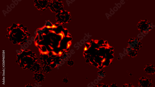 Bright red glowing microparticles resemble dangerous viruses floating in a dark space. The illustration visualizes a hidden microworld filled with energy, danger, and technological associations.