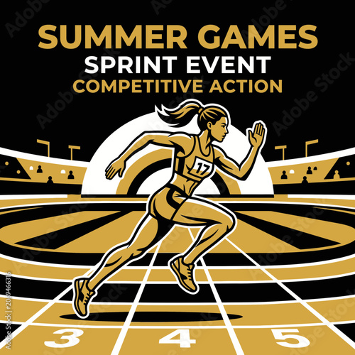 Summer Games Sprint Event Competitive Action Of A Female Athlete Racing In A Stadium