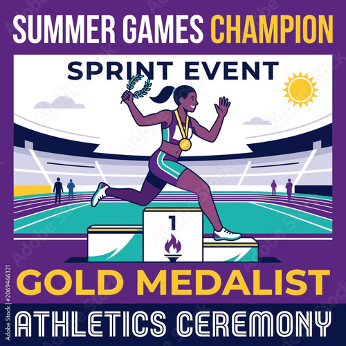 Summer Games Sprint Event Track Athlete Gold Medalist Athletics Ceremony Celebration Podium Victory