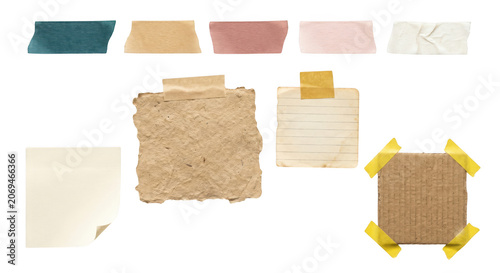 Set of various sticky notes and adhesive tapes with old paper texture on transparent background.