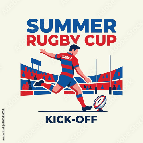 Summer Rugby Cup Kick Off Action Player Kicking Ball Stadium Crowd
