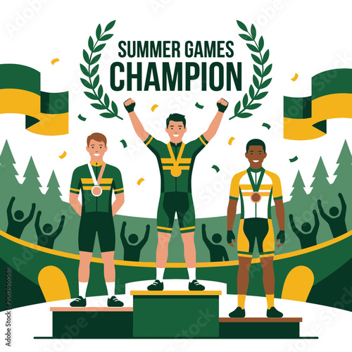 Summer Games Champion Podium Celebration With Athletes And Crowd