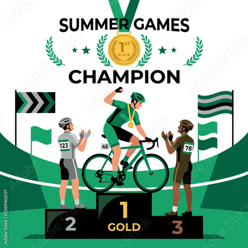 Summer Games Cycling Champion Celebrates Victory On The Podium With Gold Medal