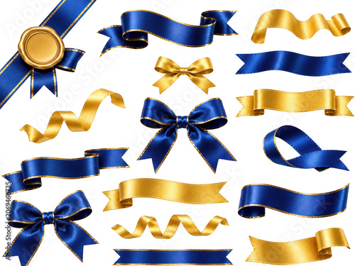 Elegant blue and gold ribbon set with bows and wax seal for luxury gift decoration.