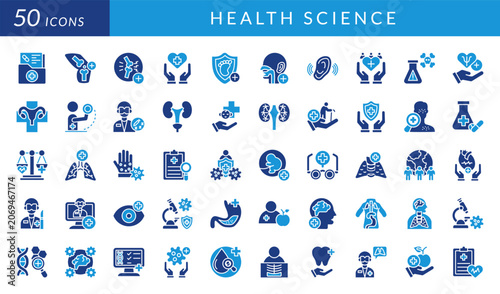 Health science icon set featuring medical research, diagnostics, genetics, healthcare, wellness, laboratory analysis, patient care, nutrition, disease prevention, and clinical science concepts.