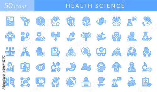 Health science icon set featuring medical research, diagnostics, genetics, healthcare, wellness, laboratory analysis, patient care, nutrition, disease prevention, and clinical science concepts.