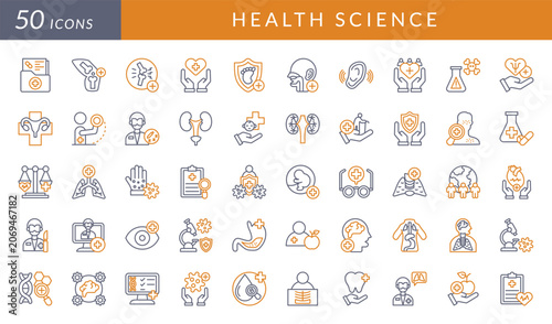 Health science icon set featuring medical research, diagnostics, genetics, healthcare, wellness, laboratory analysis, patient care, nutrition, disease prevention, and clinical science concepts.