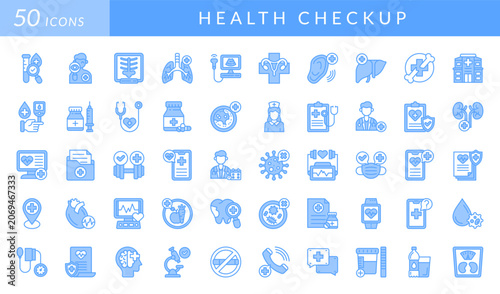 Health checkup icon set featuring medical testing, diagnostics, healthcare, wellness, monitoring, prevention, hospital services, nutrition, vaccination, laboratory, and patient care concepts.