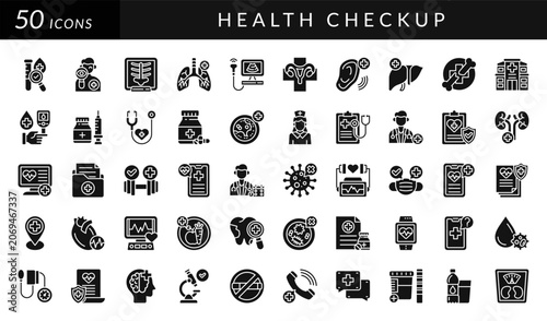 Health checkup icon set featuring medical testing, diagnostics, healthcare, wellness, monitoring, prevention, hospital services, nutrition, vaccination, laboratory, and patient care concepts.