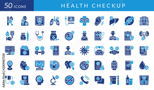 Health checkup icon set featuring medical testing, diagnostics, healthcare, wellness, monitoring, prevention, hospital services, nutrition, vaccination, laboratory, and patient care concepts.