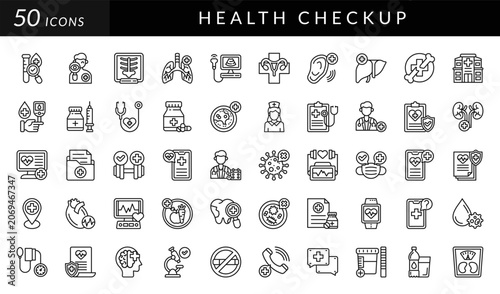 Health checkup icon set featuring medical testing, diagnostics, healthcare, wellness, monitoring, prevention, hospital services, nutrition, vaccination, laboratory, and patient care concepts.