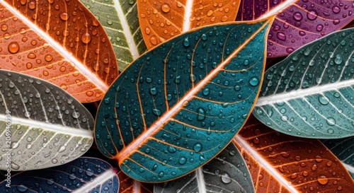 Multicolored leaves with water droplets on them  various colors and textures  natural beauty  plant details