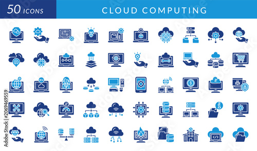 Cloud computing icon set featuring servers, databases, storage, networking, security, synchronization, analytics, cloud infrastructure, data management, and digital technology concepts.