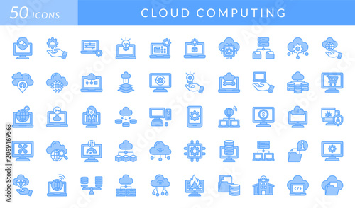 Cloud computing icon set featuring servers, databases, storage, networking, security, synchronization, analytics, cloud infrastructure, data management, and digital technology concepts.