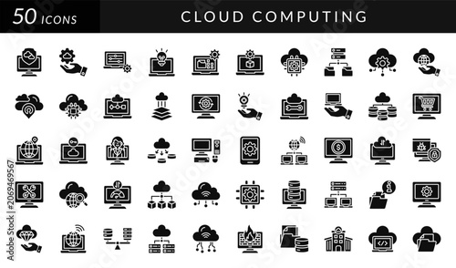 Cloud computing icon set featuring servers, databases, storage, networking, security, synchronization, analytics, cloud infrastructure, data management, and digital technology concepts.