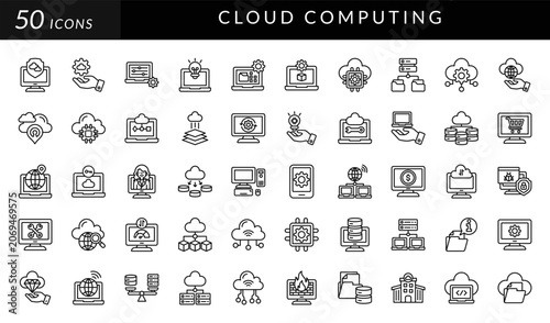 Cloud computing icon set featuring servers, databases, storage, networking, security, synchronization, analytics, cloud infrastructure, data management, and digital technology concepts.
