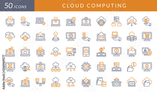 Cloud computing icon set featuring servers, databases, storage, networking, security, synchronization, analytics, cloud infrastructure, data management, and digital technology concepts.