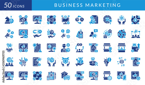 Business marketing icon set featuring branding, advertising, sales, customer engagement, analytics, commerce, retail, strategy, networking, promotion, growth, management, and business development.