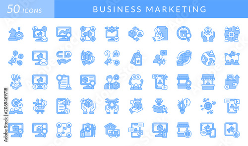 Business marketing icon set featuring branding, advertising, sales, customer engagement, analytics, commerce, retail, strategy, networking, promotion, growth, management, and business development.