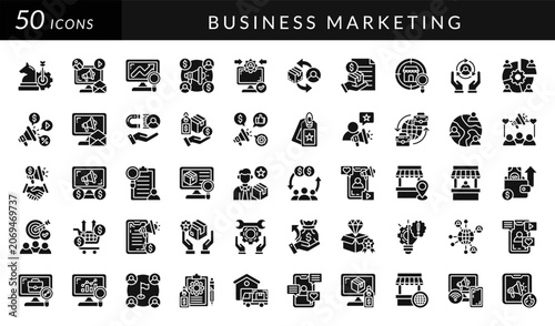 Business marketing icon set featuring branding, advertising, sales, customer engagement, analytics, commerce, retail, strategy, networking, promotion, growth, management, and business development.