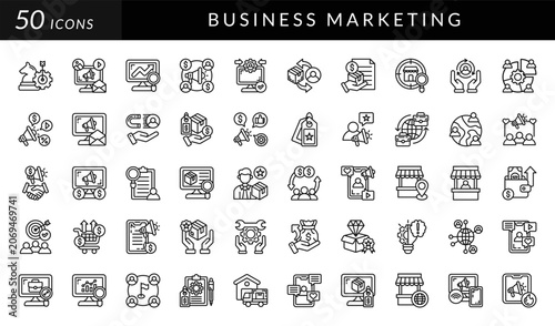 Business marketing icon set featuring branding, advertising, sales, customer engagement, analytics, commerce, retail, strategy, networking, promotion, growth, management, and business development.