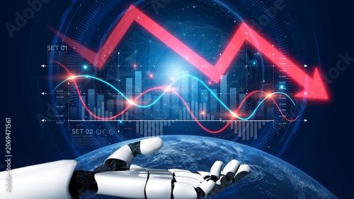 Obraz na plátne Economic caution visualized with fluctuating market graph, alert symbols, and negative data trends