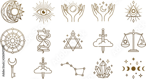 Mystic esoteric line art vector icon set featuring evil eye moon phases crystal sword scales hourglass constellation and spiritual celestial symbols