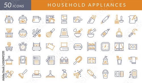 Household appliance icon set featuring kitchen tools, home essentials, bathroom accessories, furniture, cleaning supplies, small appliances, storage solutions, and everyday living concepts.