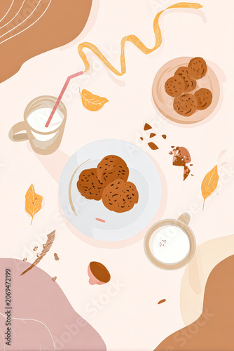 Cozy Table Scene with Chocolate Cookies and Milk in Autumn Setting