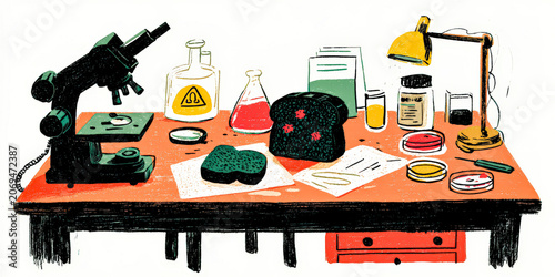 Laboratory Table with Moldy Bread and Scientific Equipment
