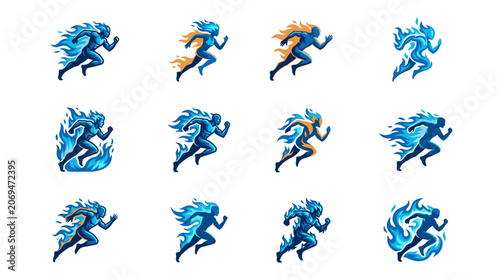Tableau sur toile Set of running person icons with blue flame effects.