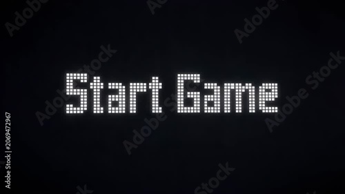 Retro pixel text Start Game flashing on a black digital monitor screen with mesh texture grid. Vintage arcade gaming concept