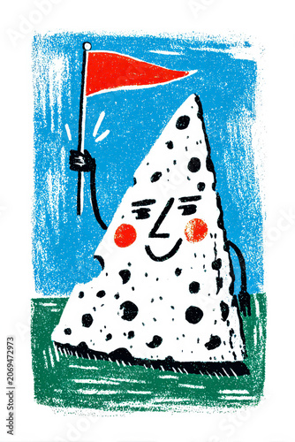 Whimsical Illustration of Moldy Cheese Slice with Red Flag