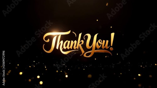 Elegant cursive golden text reading Thank You with sparkling light particles on a dark background. Gratitude and appreciation message concept