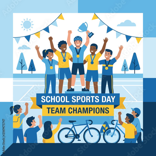 School Sports Day Team Champions Winning Celebration With Trophies And Medals