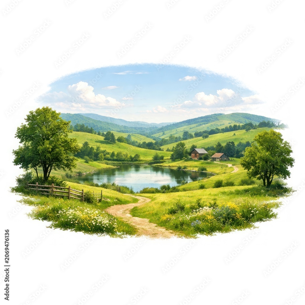 Fototapeta premium Idyllic countryside landscape illustration.